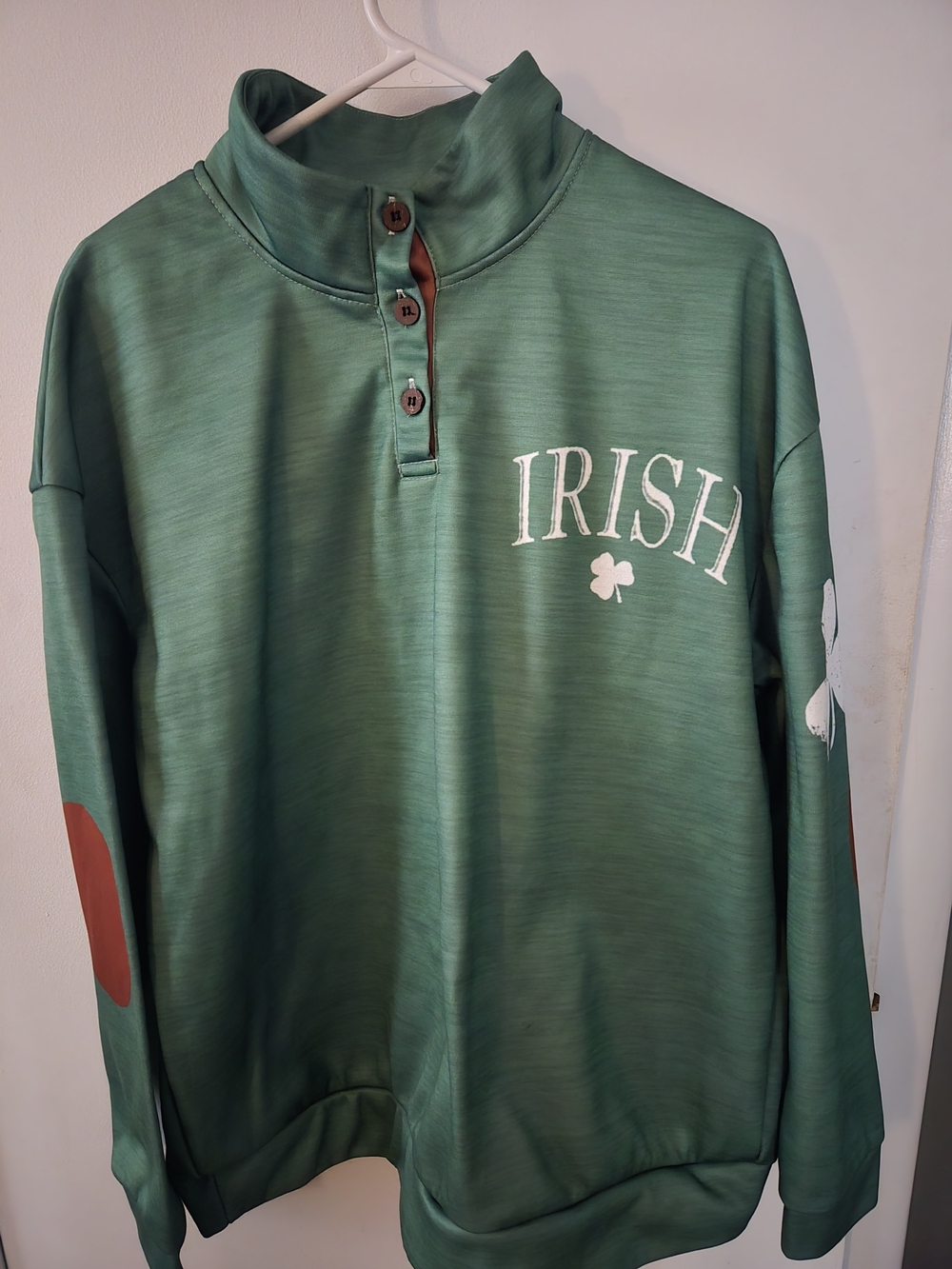 Amazon Essentials Green "IRISH" Shamrock Quarter Button Sweatshirt